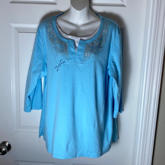 Women’s Trillogy By Morning Sun Top  Plus Size 3X Embellished Aqua 3/4 Sleeve - Picture 1 of 10